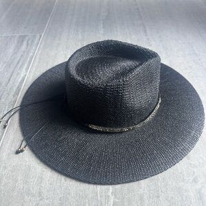 Black Wide Brim Straw Hat with Beaded Accent